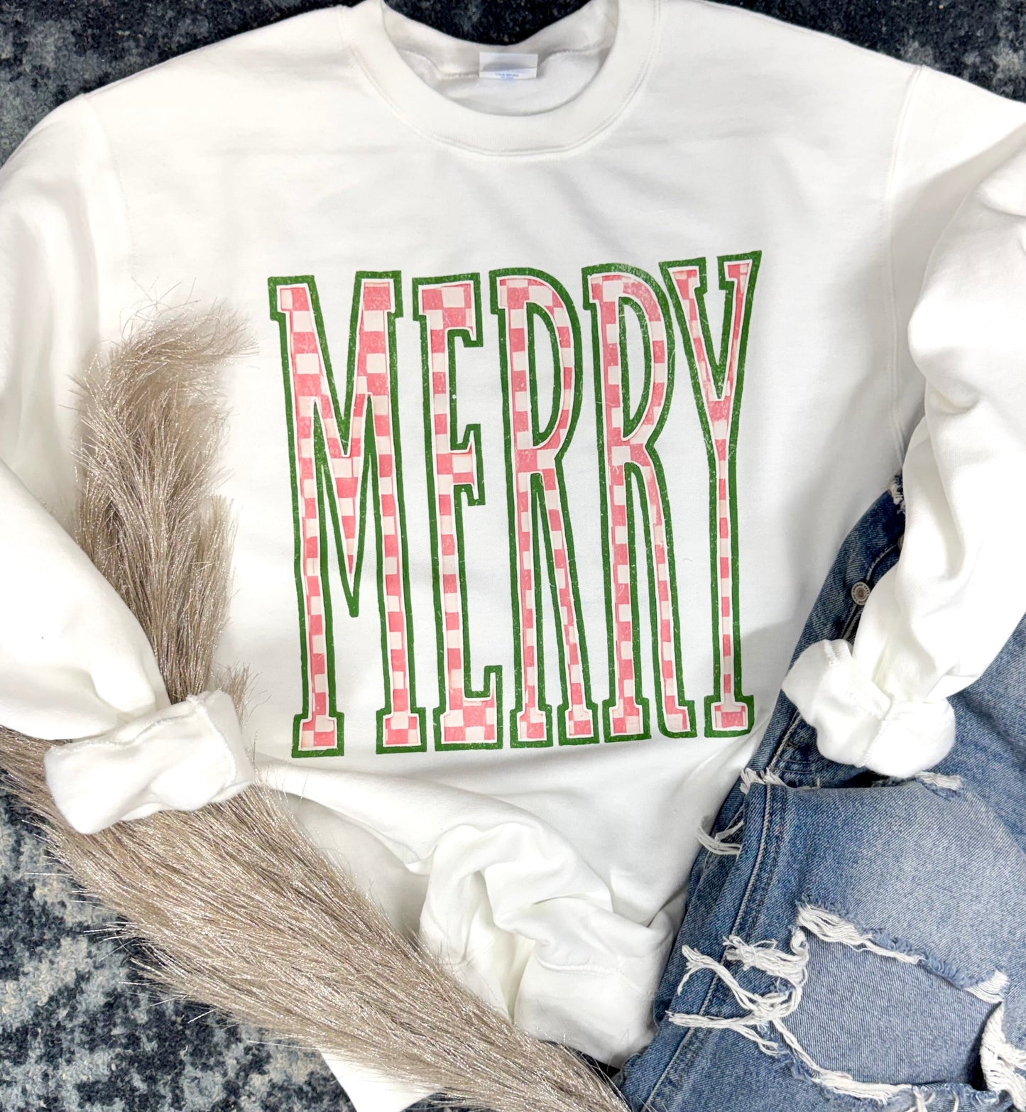 Checkered Merry White Sweatshirt