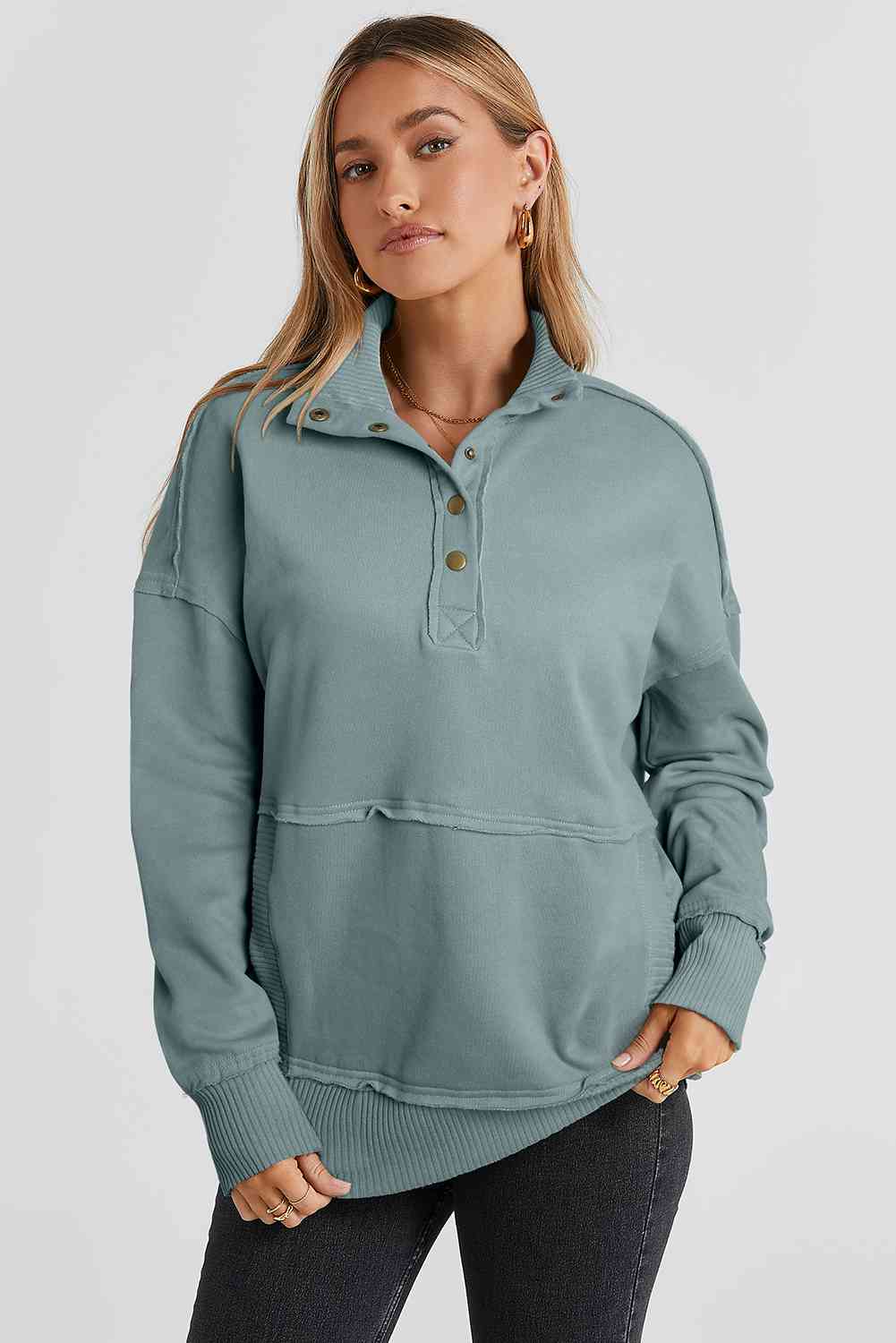 Half Sanp Drop Shoulder Long Sleeve Sweatshirt