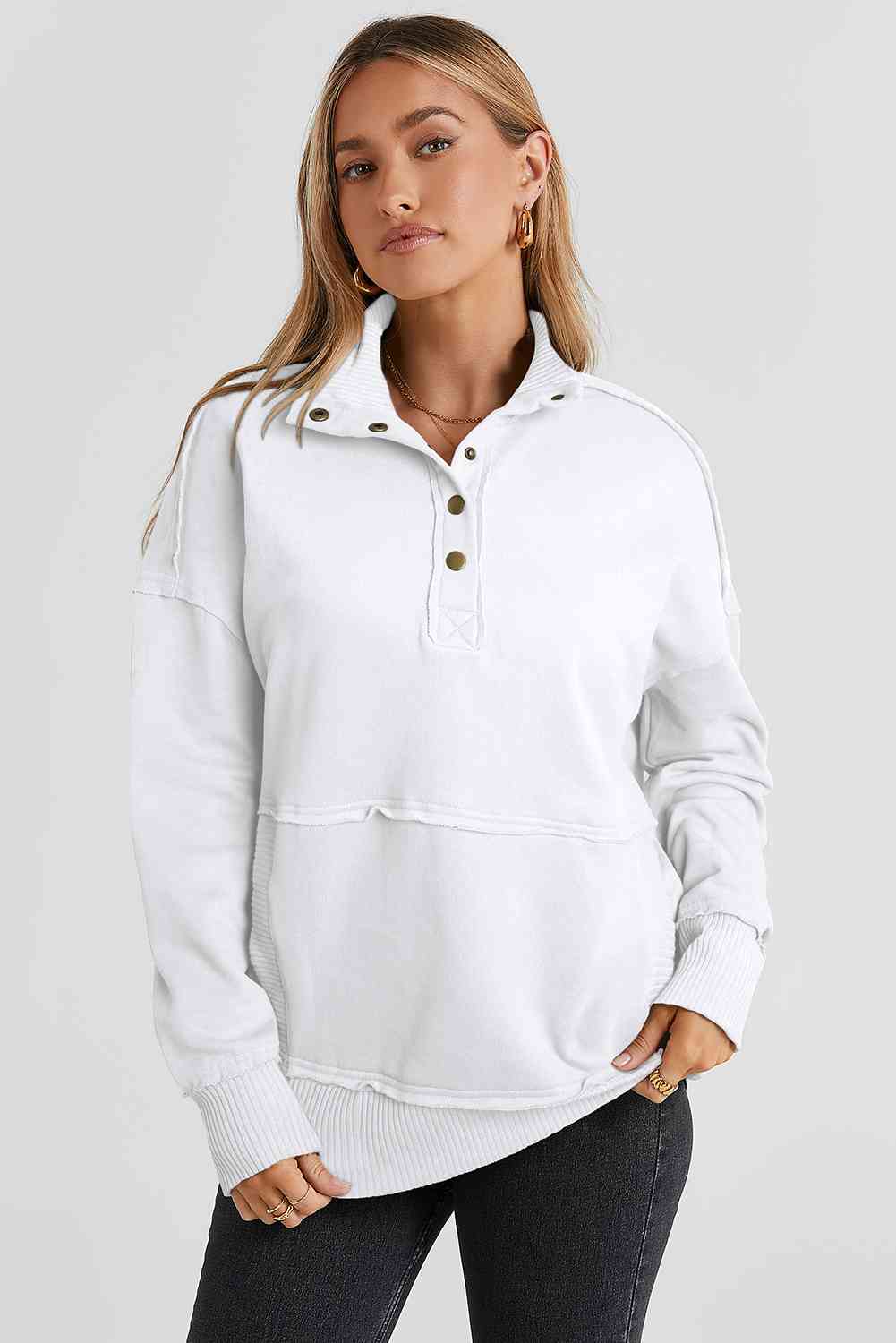 Half Sanp Drop Shoulder Long Sleeve Sweatshirt
