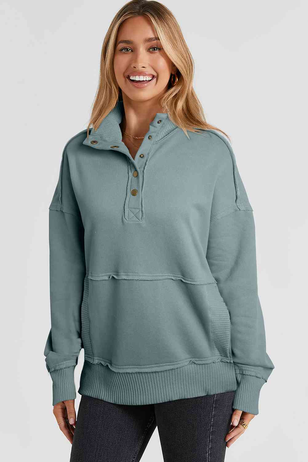 Half Sanp Drop Shoulder Long Sleeve Sweatshirt
