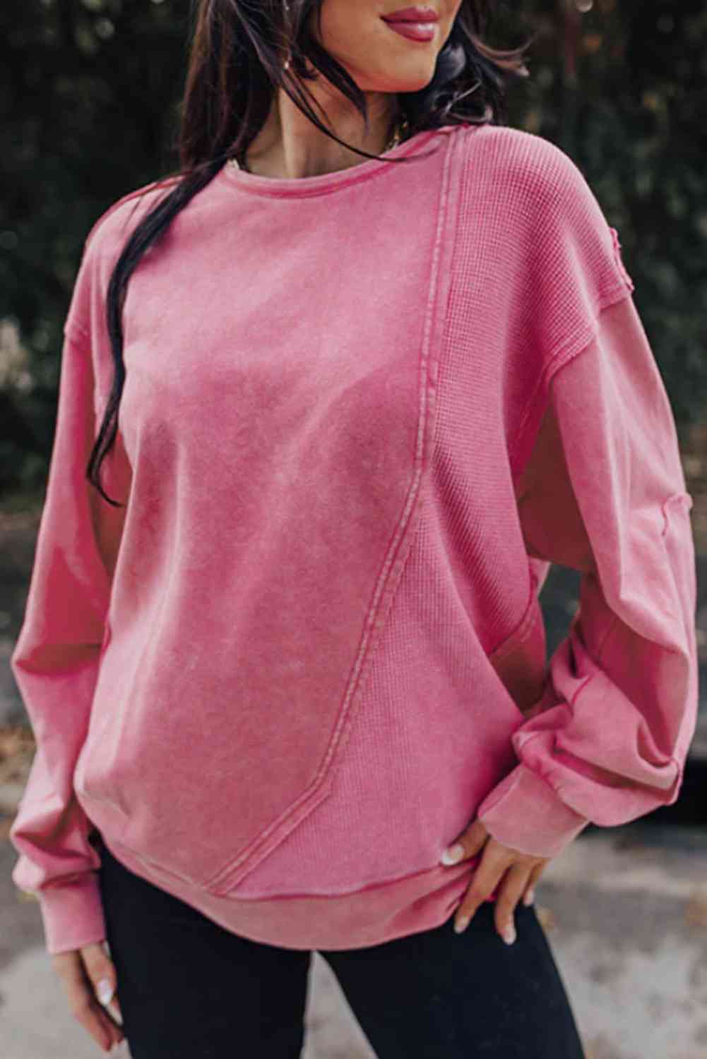 Exposed Seam Round Neck Long Sleeve Sweatshirt