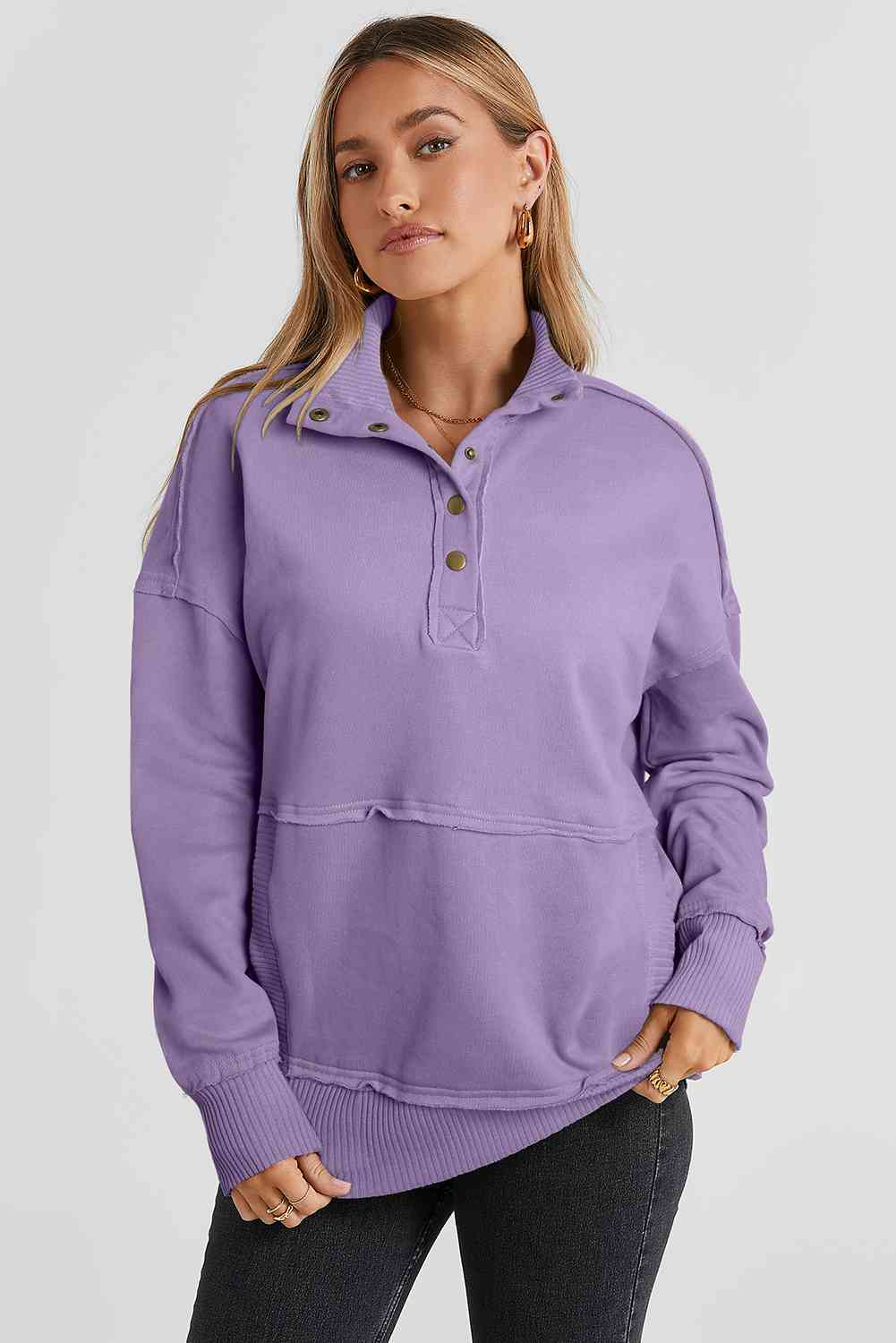 Half Sanp Drop Shoulder Long Sleeve Sweatshirt