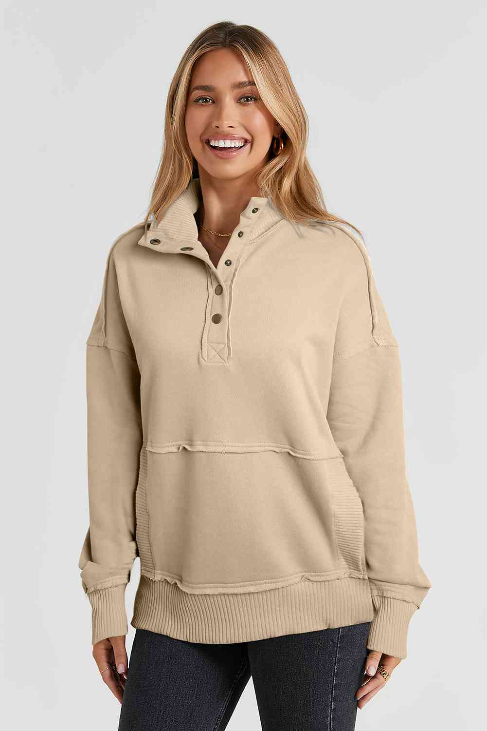 Half Sanp Drop Shoulder Long Sleeve Sweatshirt