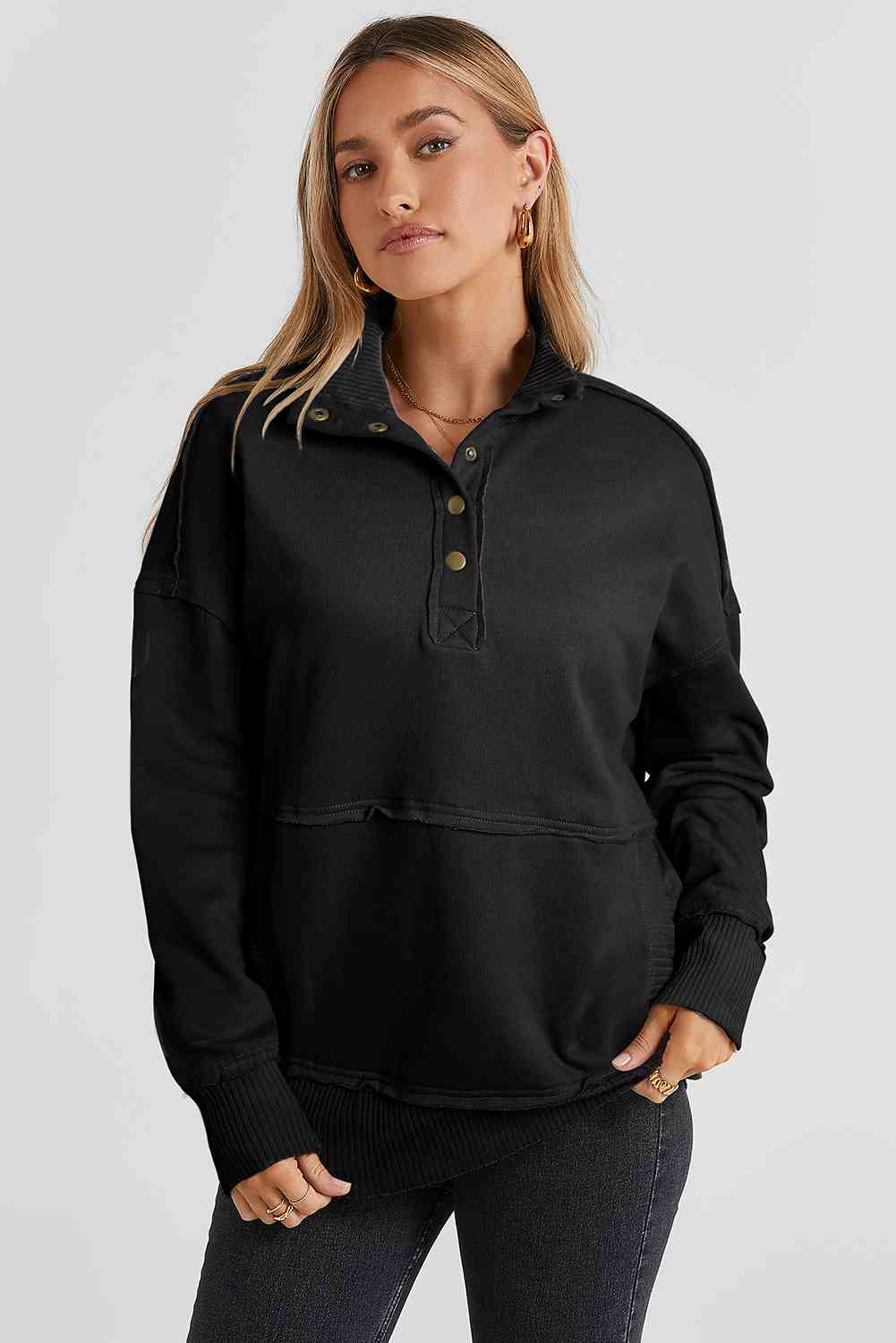 Half Sanp Drop Shoulder Long Sleeve Sweatshirt