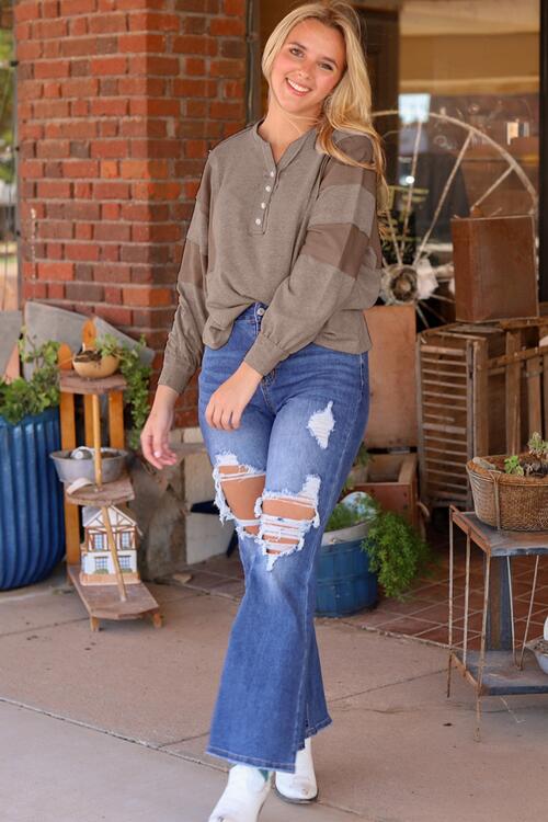 Waffle Buttoned Long Sleeve Top