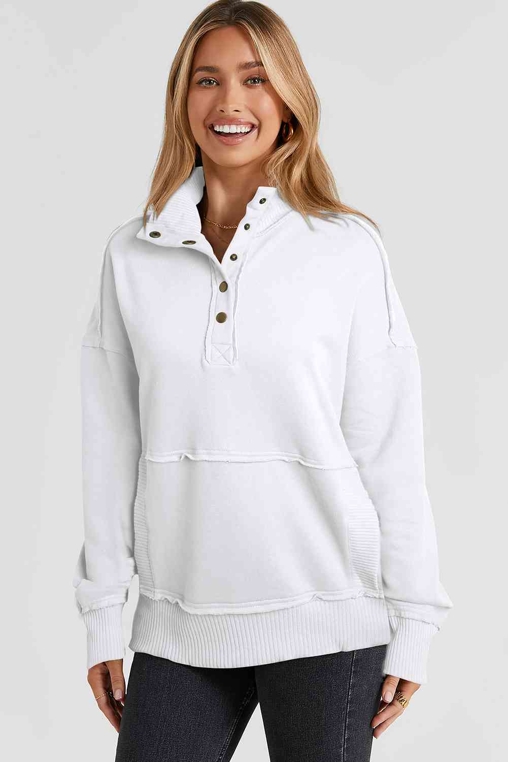 Half Sanp Drop Shoulder Long Sleeve Sweatshirt