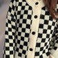 Checkered Button Up Round Neck Cardigan
