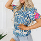 Embroidered Printed Mock Neck Short Sleeve Blouse