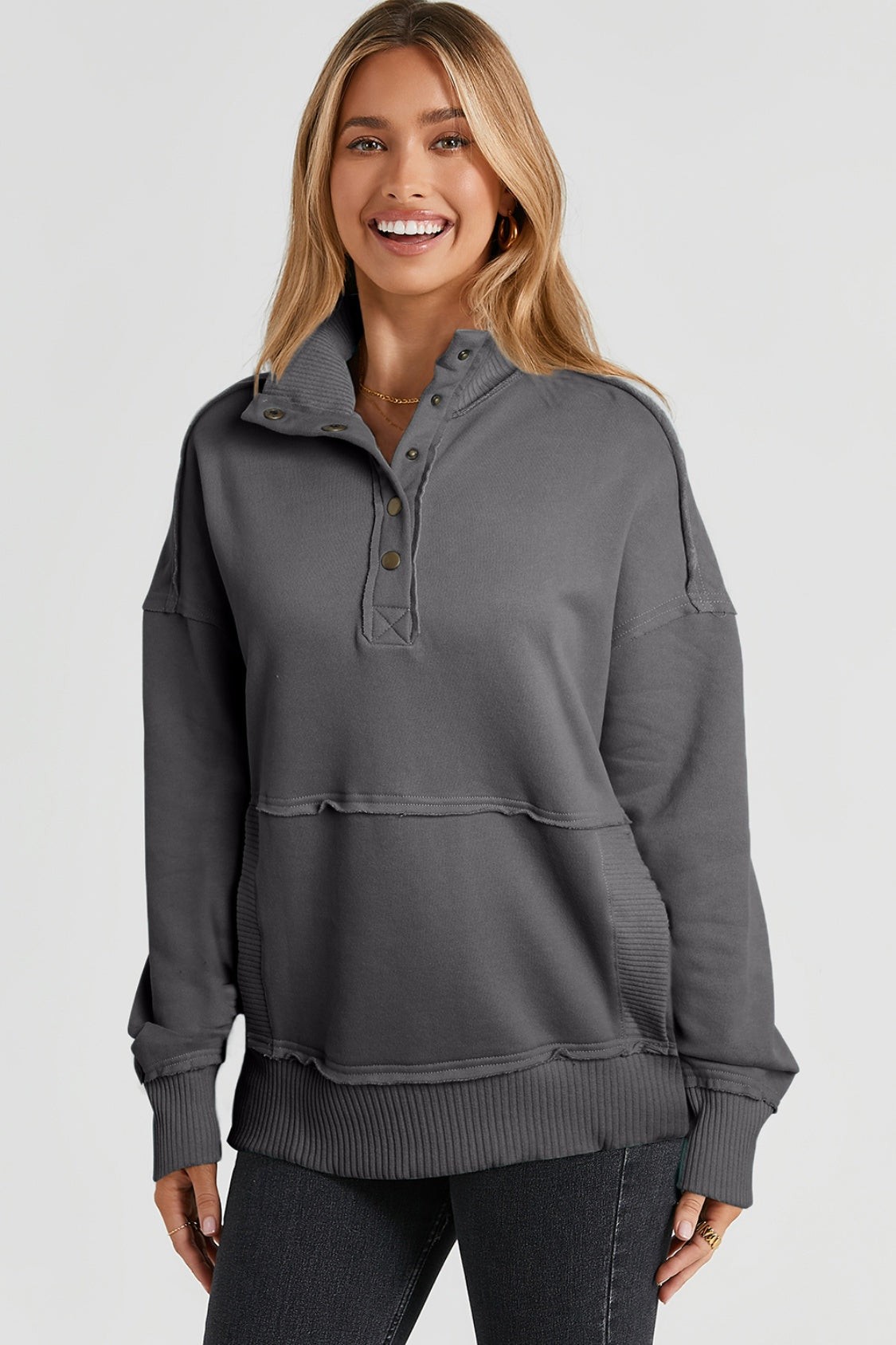 Half Sanp Drop Shoulder Long Sleeve Sweatshirt