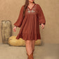 Plus Size Embroidered Tie Neck Balloon Sleeve Mini Dress