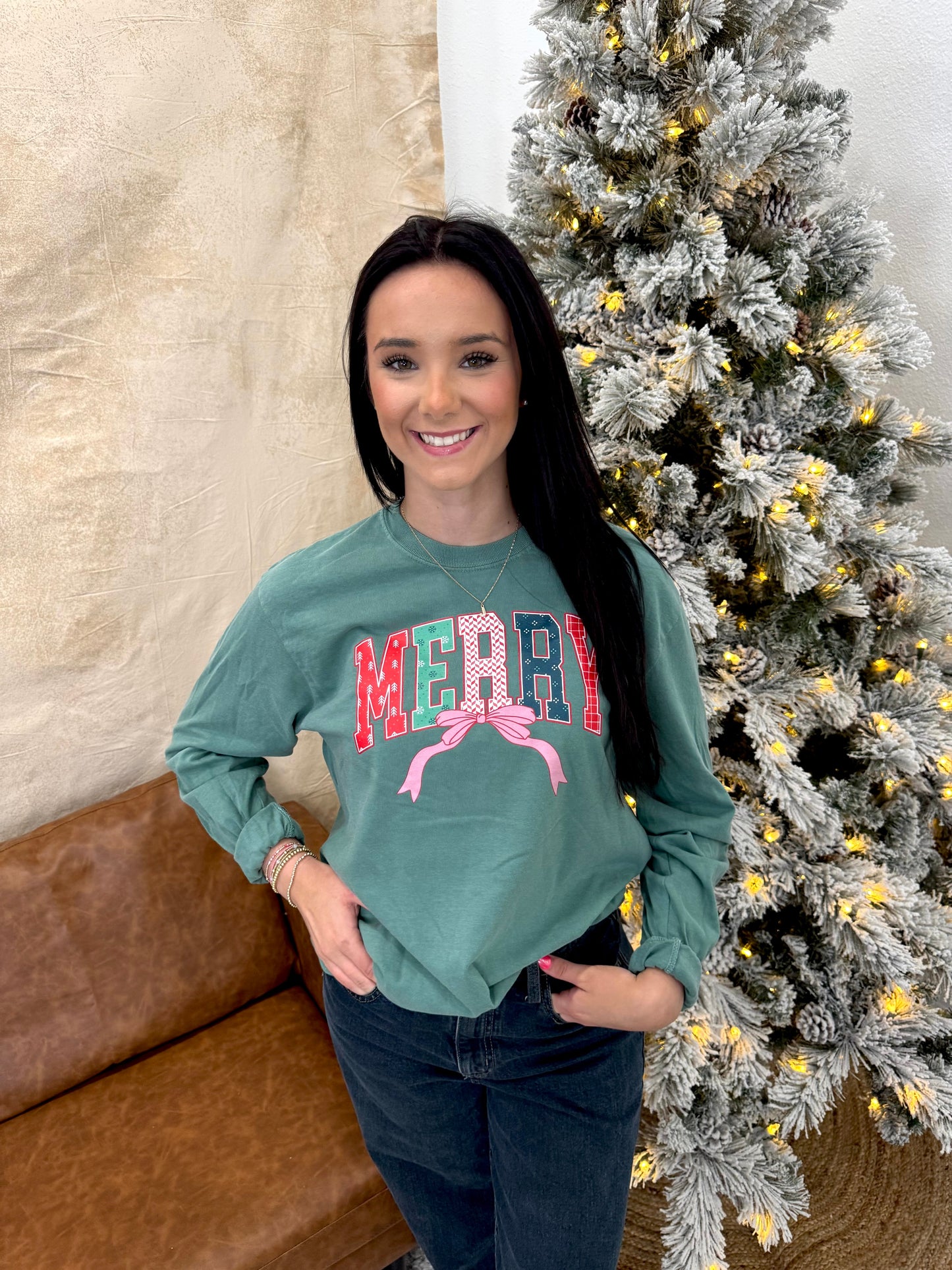 Merry Patterned Bow Short or Long Sleeve Graphic Tees