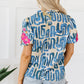 Embroidered Printed Mock Neck Short Sleeve Blouse