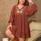 Plus Size Embroidered Tie Neck Balloon Sleeve Mini Dress