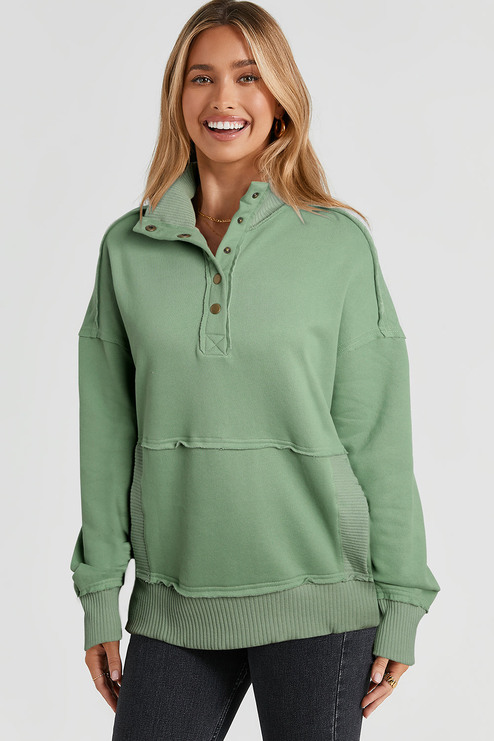 Half Sanp Drop Shoulder Long Sleeve Sweatshirt