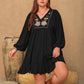 Plus Size Embroidered Tie Neck Long Sleeve Mini Dress