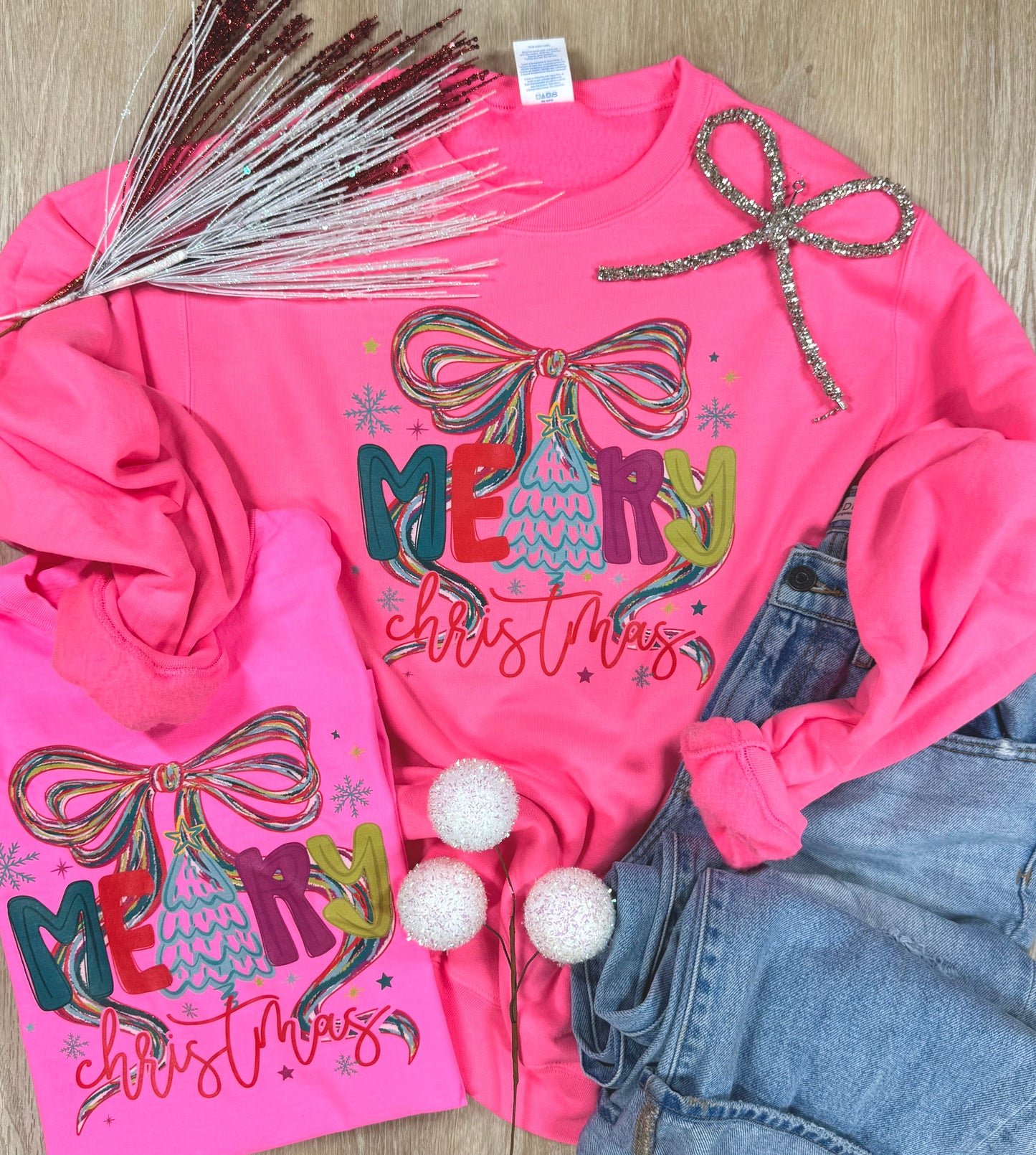 Neon Merry Christmas Tee and Graphic Sweatshirt