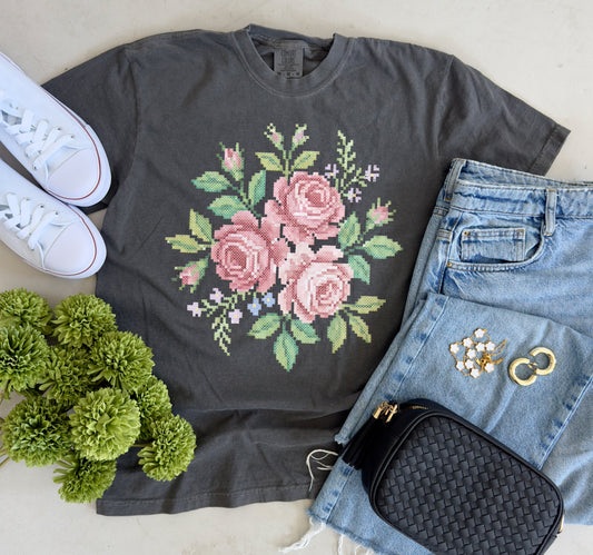 Embroidered Style Rose Tee