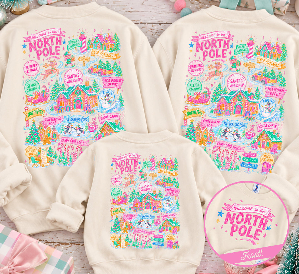 North Pole Front & Back Adult, Youth, Toddler Christmas Sweatshirts