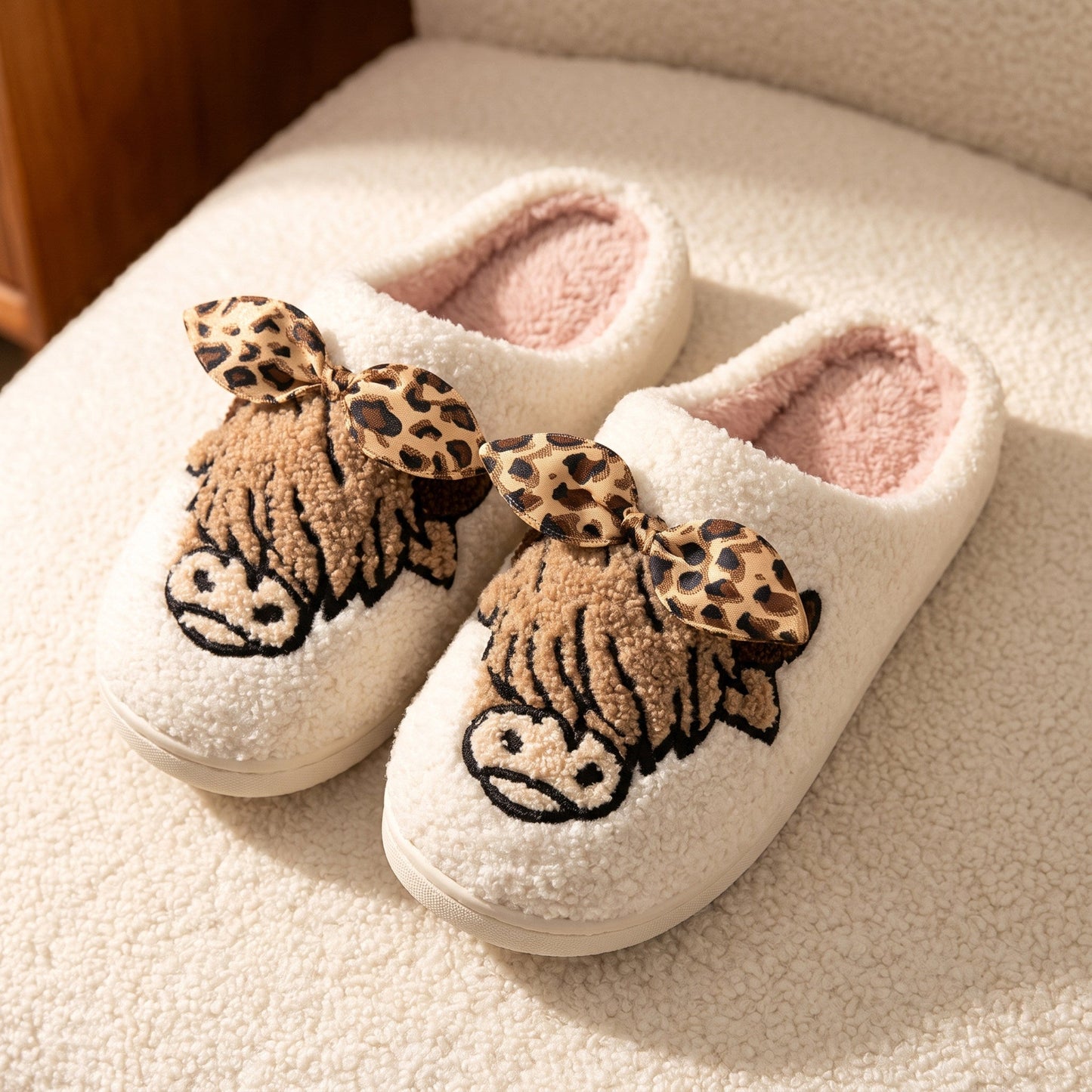 PREORDER: Highland cow with leopard bow slippers  8.17.26