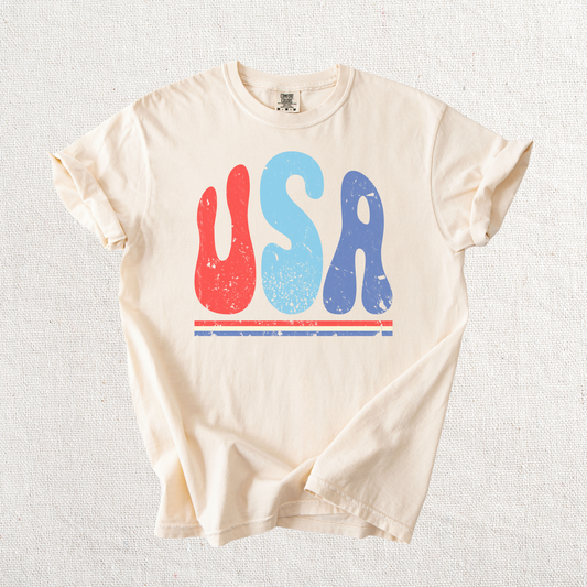 USA Bubble Letters with Stripes Graphic Tee