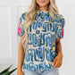 Embroidered Printed Mock Neck Short Sleeve Blouse