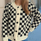 Checkered Button Up Round Neck Cardigan
