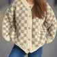 Checkered Button Up Round Neck Cardigan