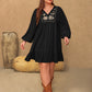 Plus Size Embroidered Tie Neck Long Sleeve Mini Dress