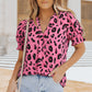Leopard Notched Neck Short Flounce Sleeve Blouse