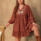 Plus Size Embroidered Tie Neck Balloon Sleeve Mini Dress