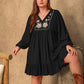 Plus Size Embroidered Tie Neck Long Sleeve Mini Dress