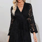 Pompom Trim Puff Sleeve Belted Lace Dress