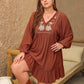 Plus Size Embroidered Tie Neck Balloon Sleeve Mini Dress