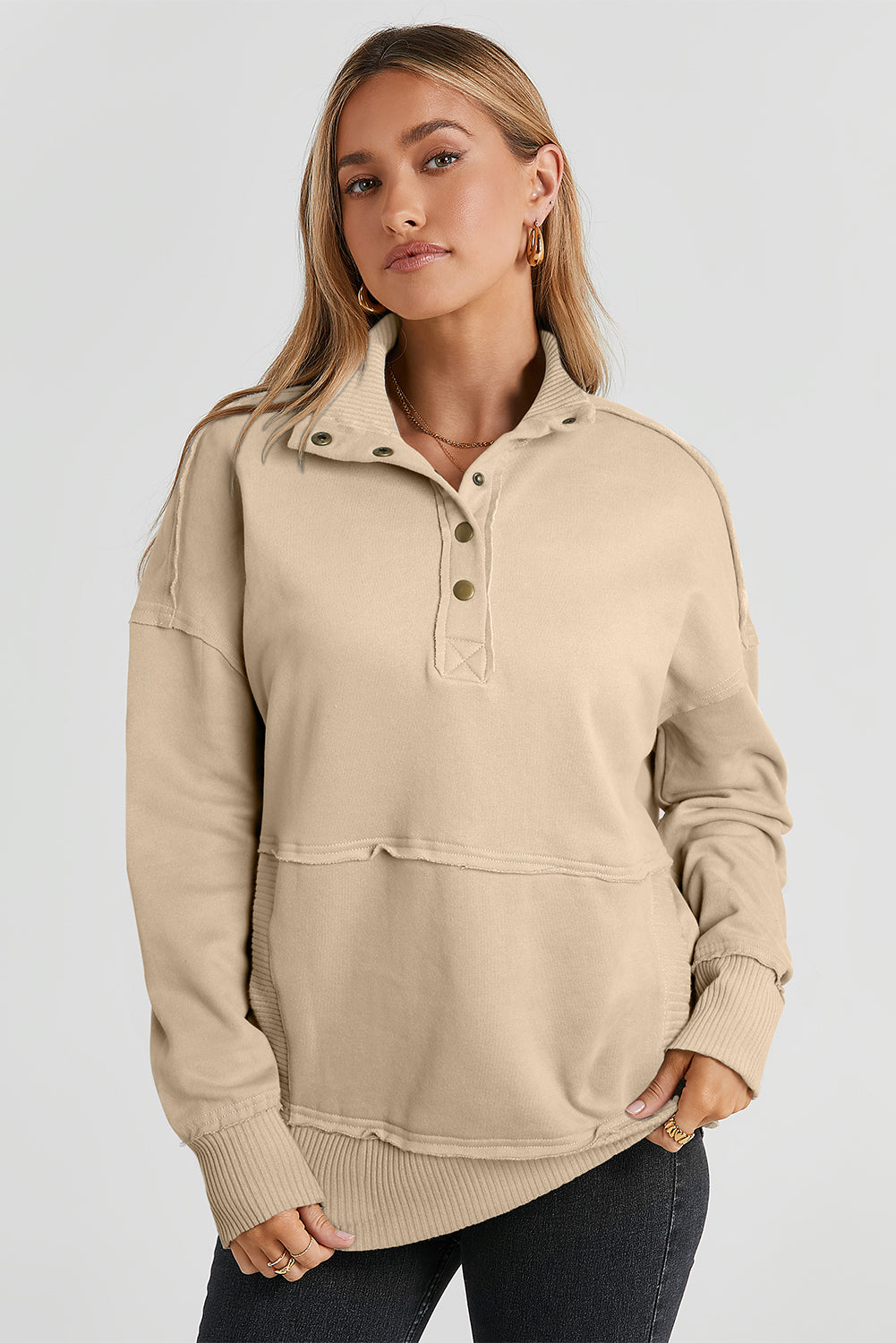 Half Sanp Drop Shoulder Long Sleeve Sweatshirt