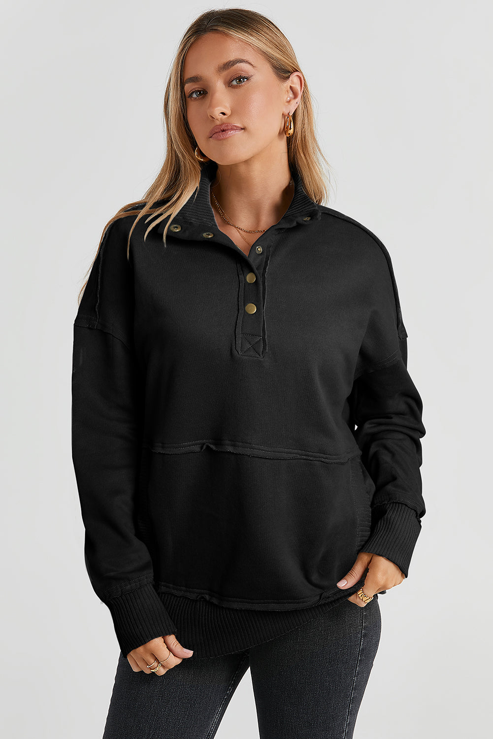Half Sanp Drop Shoulder Long Sleeve Sweatshirt