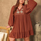 Plus Size Embroidered Tie Neck Balloon Sleeve Mini Dress