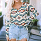 Printed Notched Neck Long Sleeve Top