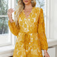 Pompom Trim Puff Sleeve Belted Lace Dress