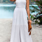 Frill Trim Tie Shoulder Wide Leg Jumpsuit with Pockets