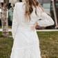 Pompom Trim Puff Sleeve Belted Lace Dress