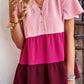 Color Block Notched Neck Tiered Short Sleeve Blouse