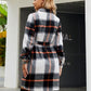 Plaid Belted Collared Neck Button Up Jacket