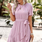 Round Neck Flutter Sleeve Belted Dress