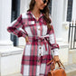 Plaid Belted Collared Neck Button Up Jacket