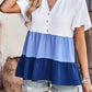 Color Block Notched Neck Tiered Short Sleeve Blouse