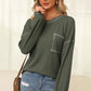 Contrast Stitching Waffle-Knit Round Neck Blouse