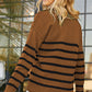 Striped Decorative Button Mock Neck Sweater