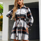 Plaid Belted Collared Neck Button Up Jacket