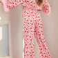 Fuzzy Trim Heart Print Cropped Top and Flare Pants Set