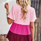 Color Block Notched Neck Tiered Short Sleeve Blouse